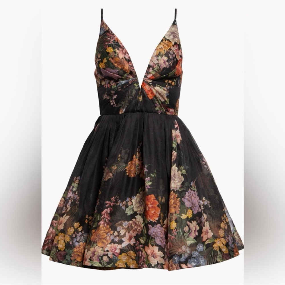 Zimmermann Pavilion V Neck Mini Dress in Black Multi Floral Linen Silk AU 1 US 4
